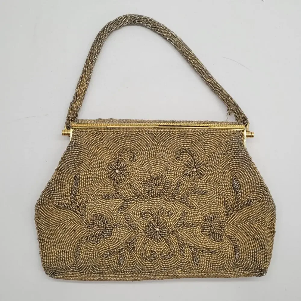 Vintage Gold Seed Bead Floral Evening Purse Art Deco Coquette Glamour Chic
